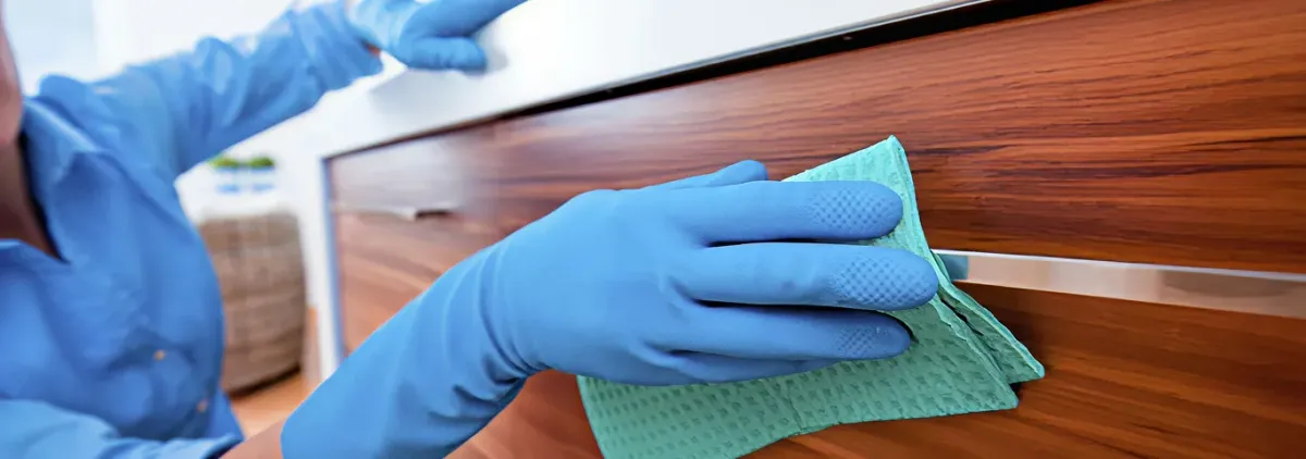 Cleaner wearing blue gloves wiping a wooden cabinet drawer with a microfiber cloth for dust and grime removal, Indianapolis, IN.