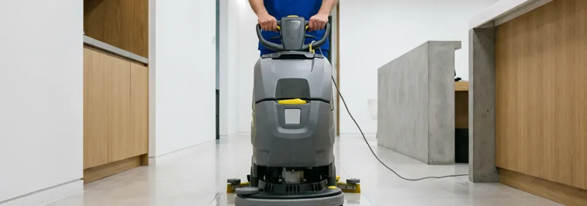 Janitorial staff using a floor scrubber machine to clean a commercial hallway, Indianapolis, IN.