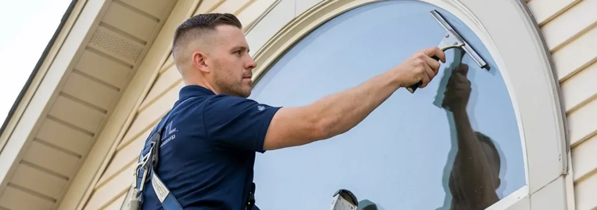 Professional window cleaner using a squeegee to clean an exterior arched window on a home, Indianapolis, IN.