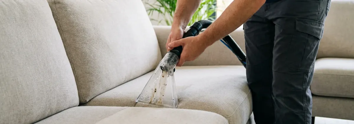 Technician extracting dirt and moisture from a fabric sofa with an upholstery cleaning wand, Indianapolis, IN.