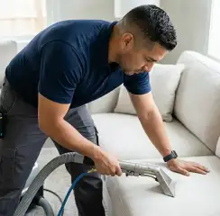 Professional upholstery cleaning technician using an extraction wand to deep-clean a fabric sofa, Indianapolis, IN.